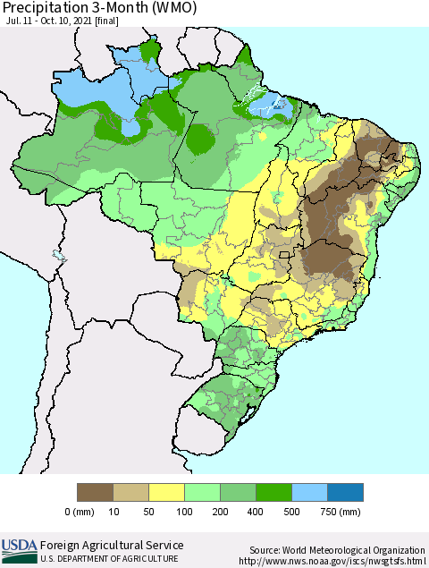 Brazil Precipitation 3-Month (WMO) Thematic Map For 7/11/2021 - 10/10/2021