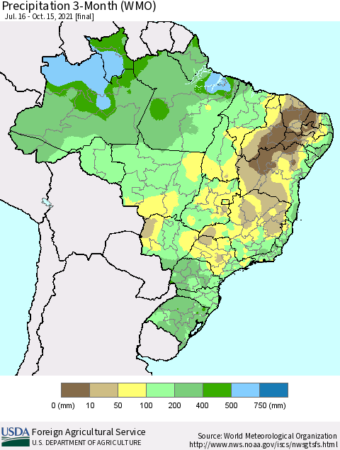 Brazil Precipitation 3-Month (WMO) Thematic Map For 7/16/2021 - 10/15/2021