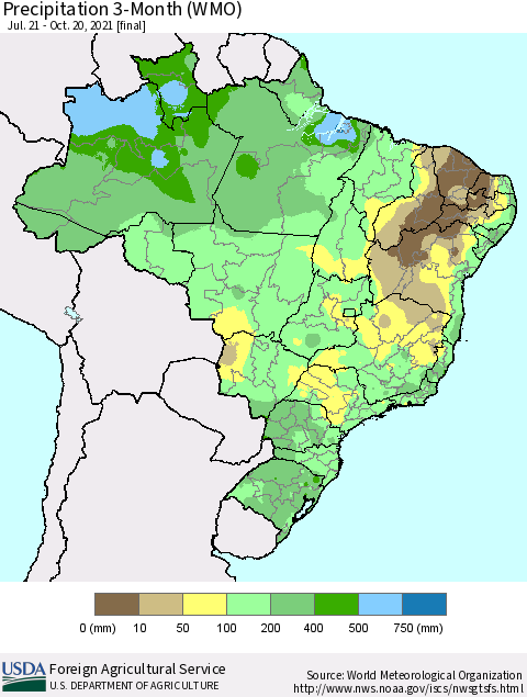 Brazil Precipitation 3-Month (WMO) Thematic Map For 7/21/2021 - 10/20/2021