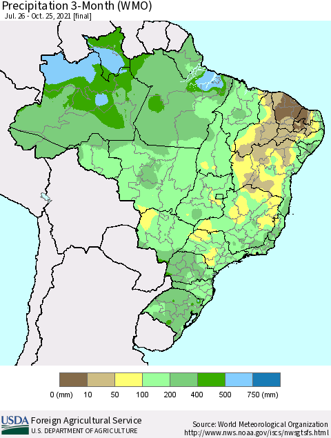 Brazil Precipitation 3-Month (WMO) Thematic Map For 7/26/2021 - 10/25/2021