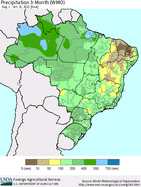 Brazil Precipitation 3-Month (WMO) Thematic Map For 8/1/2021 - 10/31/2021