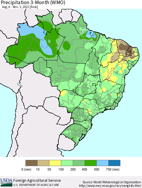 Brazil Precipitation 3-Month (WMO) Thematic Map For 8/6/2021 - 11/5/2021