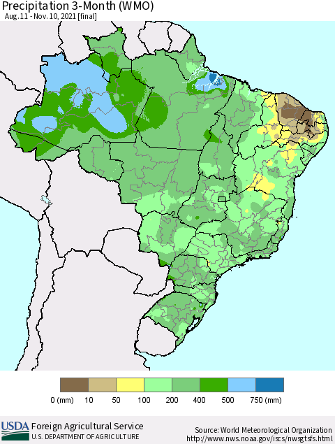 Brazil Precipitation 3-Month (WMO) Thematic Map For 8/11/2021 - 11/10/2021