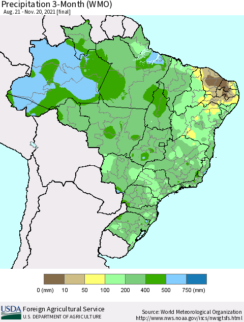 Brazil Precipitation 3-Month (WMO) Thematic Map For 8/21/2021 - 11/20/2021