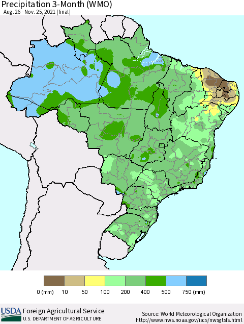 Brazil Precipitation 3-Month (WMO) Thematic Map For 8/26/2021 - 11/25/2021