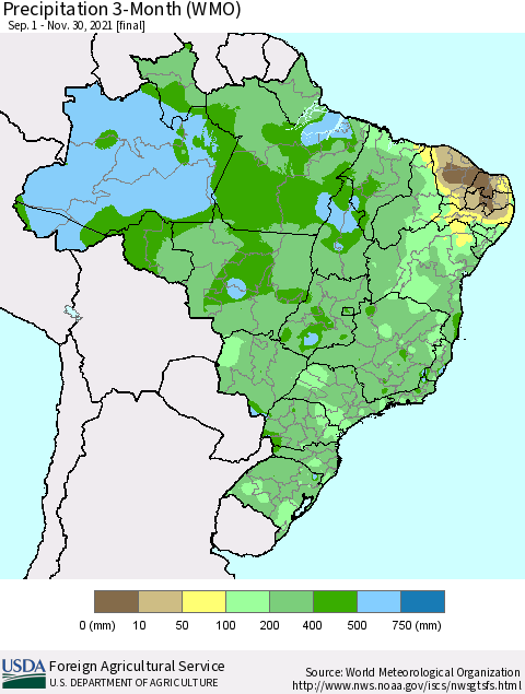 Brazil Precipitation 3-Month (WMO) Thematic Map For 9/1/2021 - 11/30/2021