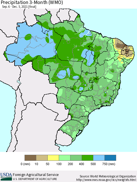 Brazil Precipitation 3-Month (WMO) Thematic Map For 9/6/2021 - 12/5/2021