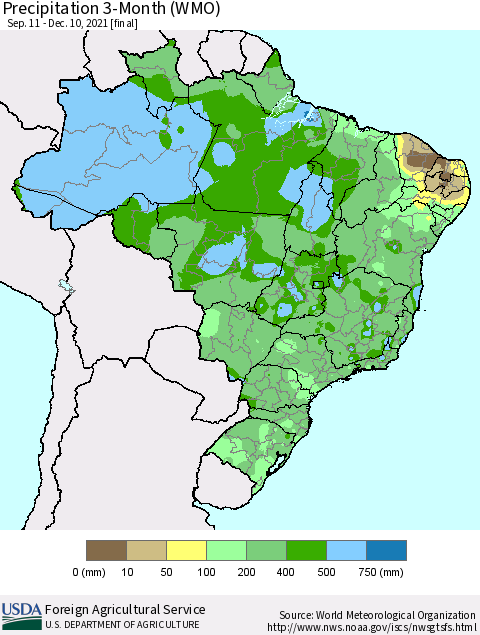 Brazil Precipitation 3-Month (WMO) Thematic Map For 9/11/2021 - 12/10/2021