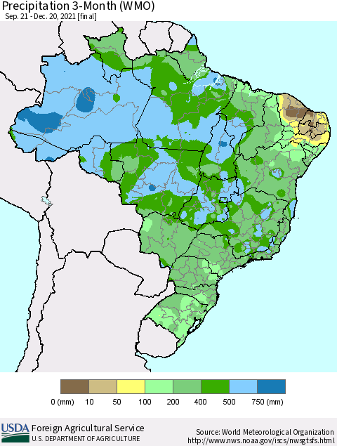 Brazil Precipitation 3-Month (WMO) Thematic Map For 9/21/2021 - 12/20/2021