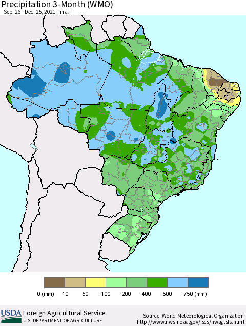 Brazil Precipitation 3-Month (WMO) Thematic Map For 9/26/2021 - 12/25/2021