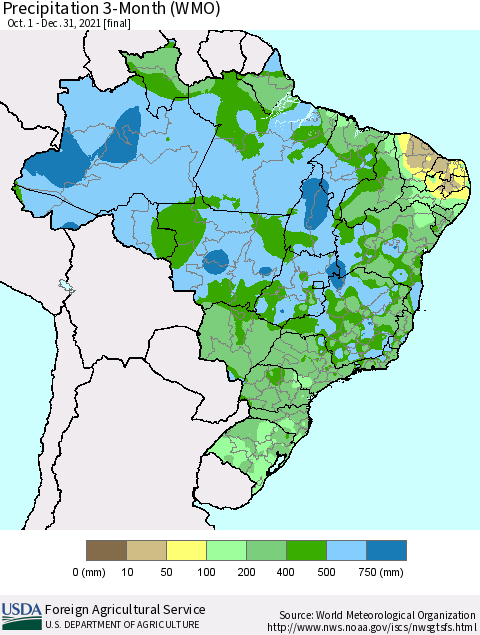 Brazil Precipitation 3-Month (WMO) Thematic Map For 10/1/2021 - 12/31/2021