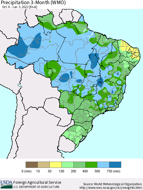 Brazil Precipitation 3-Month (WMO) Thematic Map For 10/6/2021 - 1/5/2022