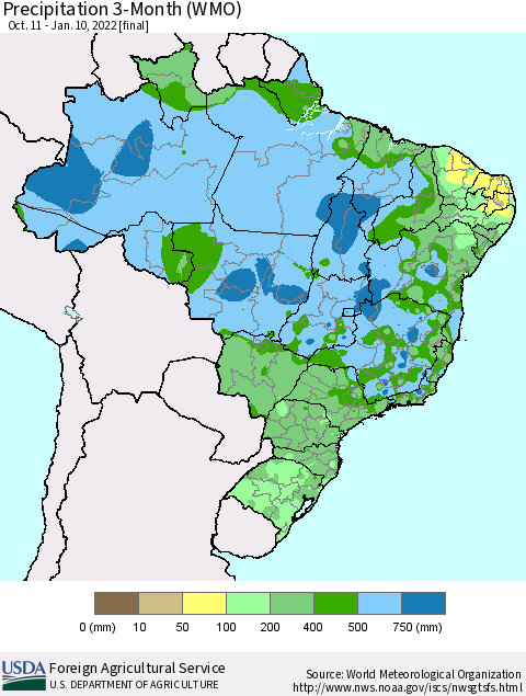 Brazil Precipitation 3-Month (WMO) Thematic Map For 10/11/2021 - 1/10/2022