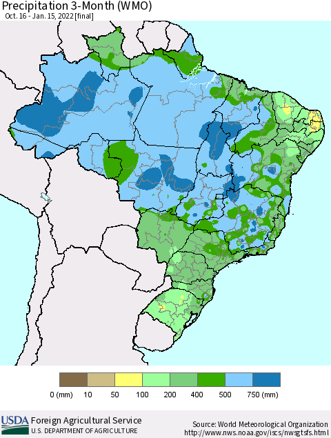 Brazil Precipitation 3-Month (WMO) Thematic Map For 10/16/2021 - 1/15/2022