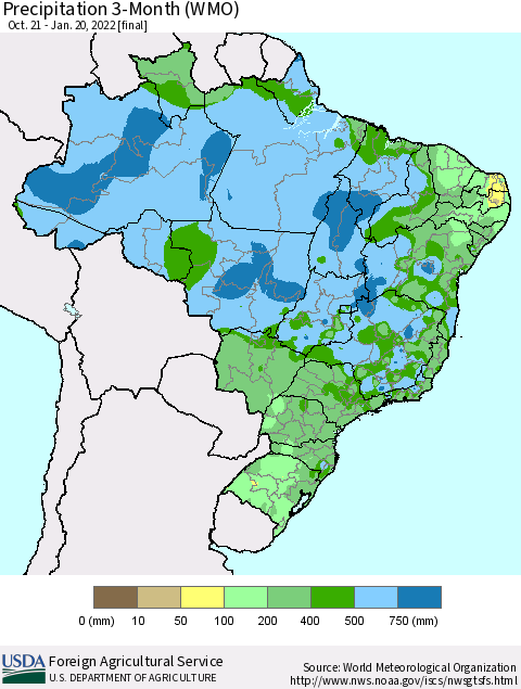 Brazil Precipitation 3-Month (WMO) Thematic Map For 10/21/2021 - 1/20/2022