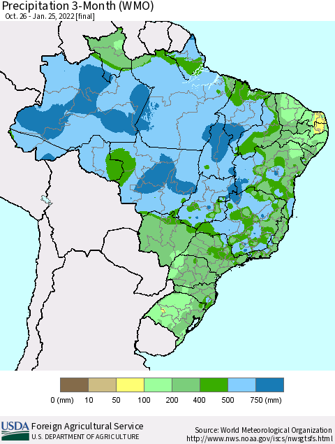 Brazil Precipitation 3-Month (WMO) Thematic Map For 10/26/2021 - 1/25/2022