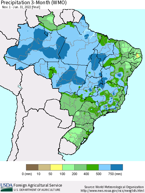 Brazil Precipitation 3-Month (WMO) Thematic Map For 11/1/2021 - 1/31/2022