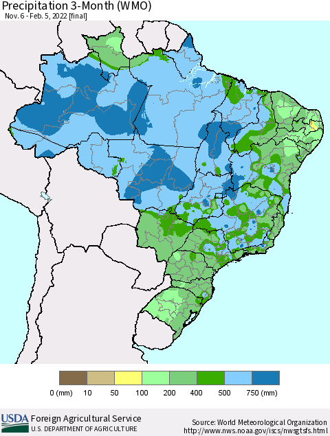 Brazil Precipitation 3-Month (WMO) Thematic Map For 11/6/2021 - 2/5/2022
