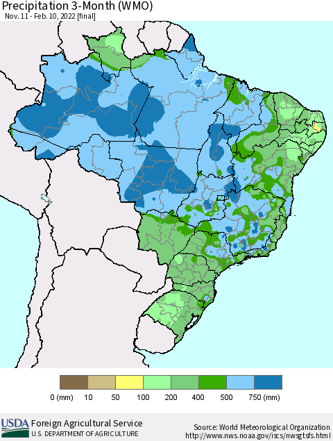 Brazil Precipitation 3-Month (WMO) Thematic Map For 11/11/2021 - 2/10/2022