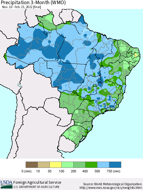 Brazil Precipitation 3-Month (WMO) Thematic Map For 11/16/2021 - 2/15/2022