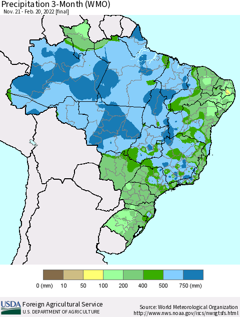 Brazil Precipitation 3-Month (WMO) Thematic Map For 11/21/2021 - 2/20/2022