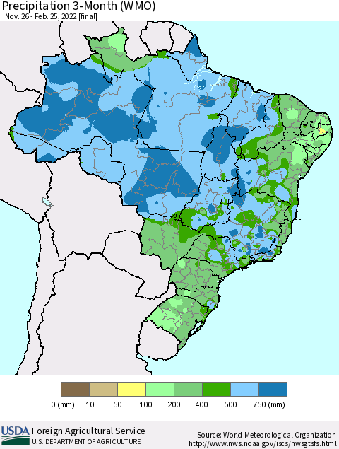 Brazil Precipitation 3-Month (WMO) Thematic Map For 11/26/2021 - 2/25/2022