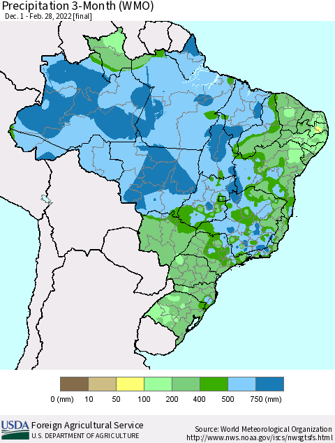 Brazil Precipitation 3-Month (WMO) Thematic Map For 12/1/2021 - 2/28/2022