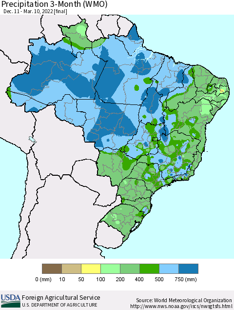 Brazil Precipitation 3-Month (WMO) Thematic Map For 12/11/2021 - 3/10/2022