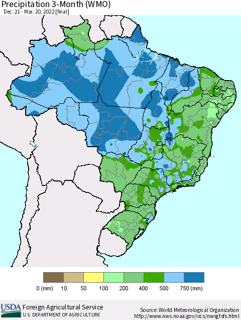 Brazil Precipitation 3-Month (WMO) Thematic Map For 12/21/2021 - 3/20/2022