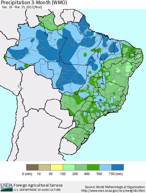 Brazil Precipitation 3-Month (WMO) Thematic Map For 12/26/2021 - 3/25/2022