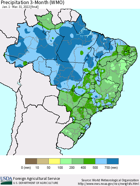 Brazil Precipitation 3-Month (WMO) Thematic Map For 1/1/2022 - 3/31/2022