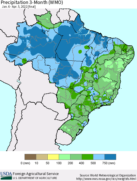 Brazil Precipitation 3-Month (WMO) Thematic Map For 1/6/2022 - 4/5/2022