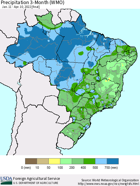 Brazil Precipitation 3-Month (WMO) Thematic Map For 1/11/2022 - 4/10/2022