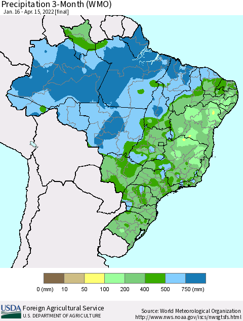 Brazil Precipitation 3-Month (WMO) Thematic Map For 1/16/2022 - 4/15/2022