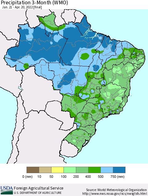Brazil Precipitation 3-Month (WMO) Thematic Map For 1/21/2022 - 4/20/2022