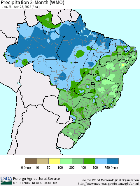 Brazil Precipitation 3-Month (WMO) Thematic Map For 1/26/2022 - 4/25/2022