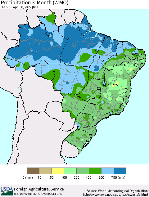 Brazil Precipitation 3-Month (WMO) Thematic Map For 2/1/2022 - 4/30/2022
