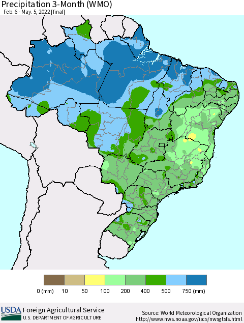 Brazil Precipitation 3-Month (WMO) Thematic Map For 2/6/2022 - 5/5/2022