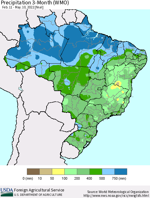 Brazil Precipitation 3-Month (WMO) Thematic Map For 2/11/2022 - 5/10/2022