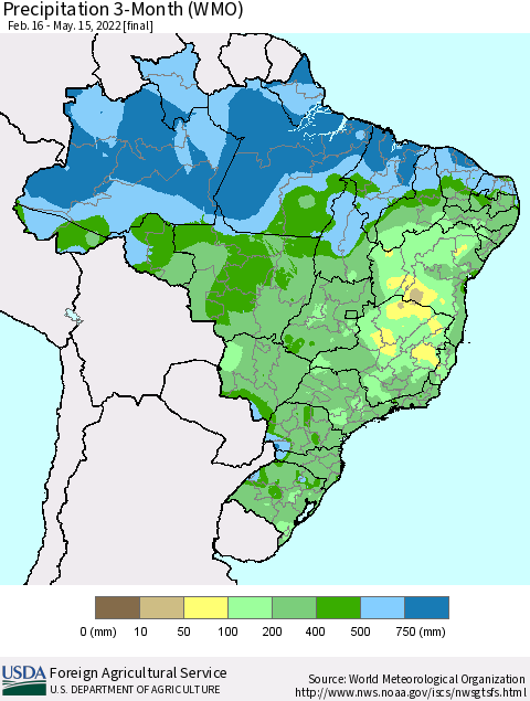 Brazil Precipitation 3-Month (WMO) Thematic Map For 2/16/2022 - 5/15/2022