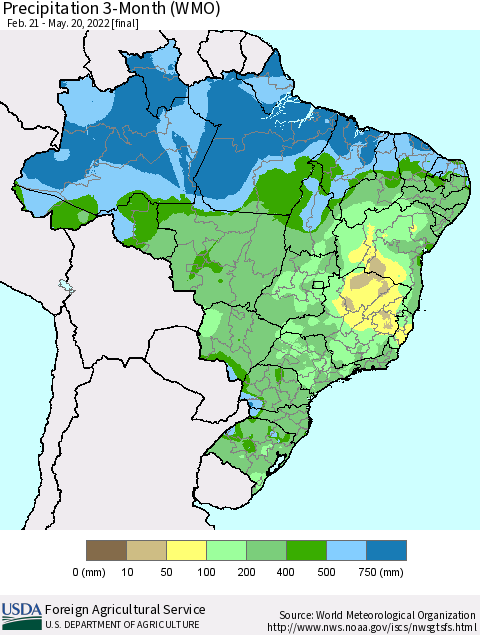 Brazil Precipitation 3-Month (WMO) Thematic Map For 2/21/2022 - 5/20/2022