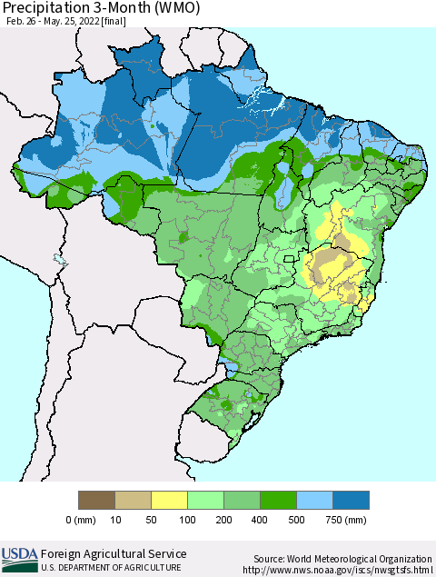 Brazil Precipitation 3-Month (WMO) Thematic Map For 2/26/2022 - 5/25/2022