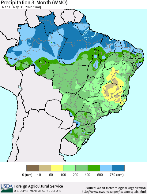 Brazil Precipitation 3-Month (WMO) Thematic Map For 3/1/2022 - 5/31/2022