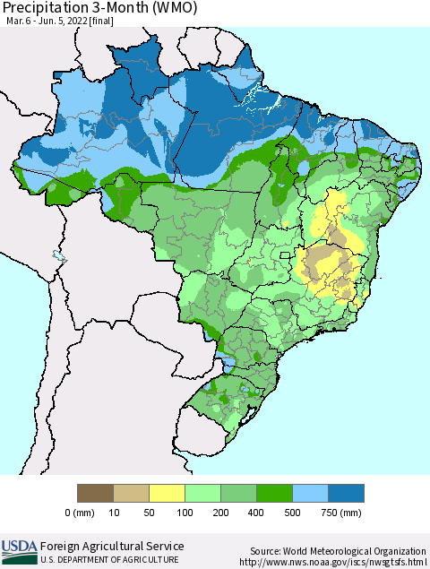 Brazil Precipitation 3-Month (WMO) Thematic Map For 3/6/2022 - 6/5/2022