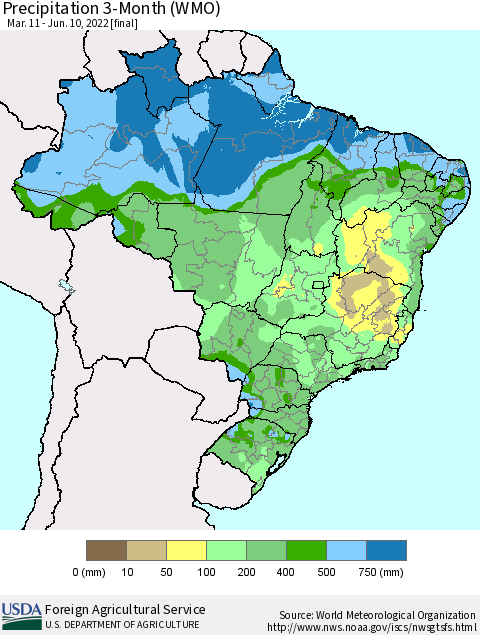 Brazil Precipitation 3-Month (WMO) Thematic Map For 3/11/2022 - 6/10/2022