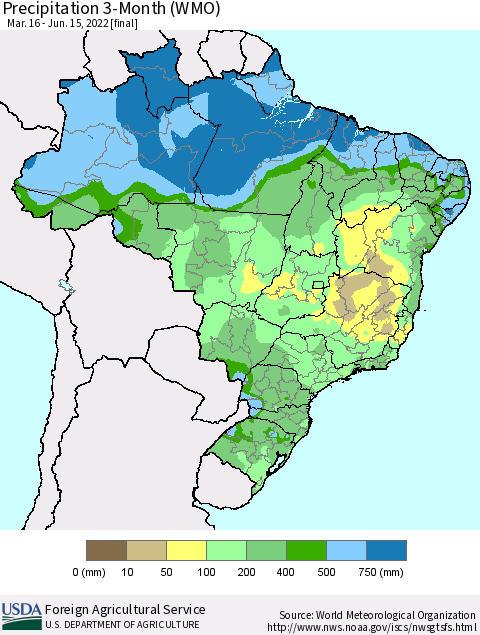 Brazil Precipitation 3-Month (WMO) Thematic Map For 3/16/2022 - 6/15/2022
