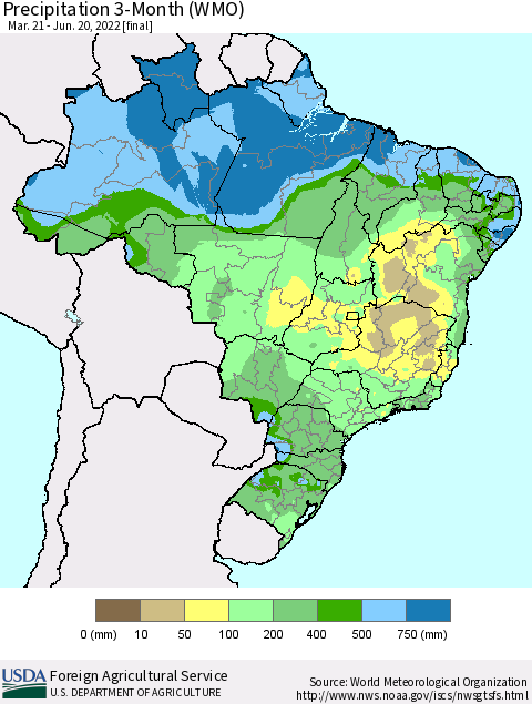 Brazil Precipitation 3-Month (WMO) Thematic Map For 3/21/2022 - 6/20/2022