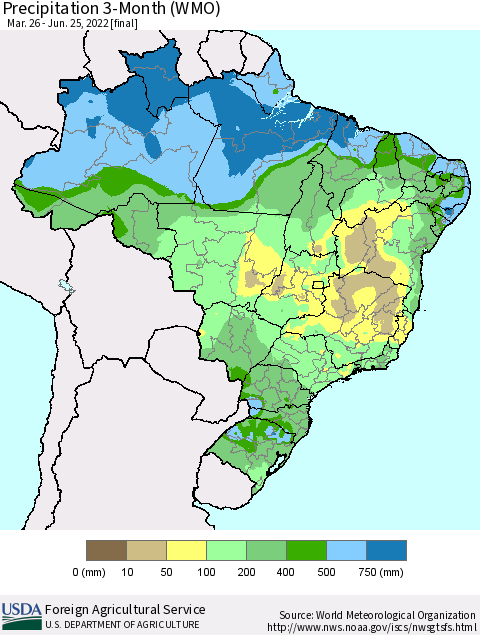 Brazil Precipitation 3-Month (WMO) Thematic Map For 3/26/2022 - 6/25/2022