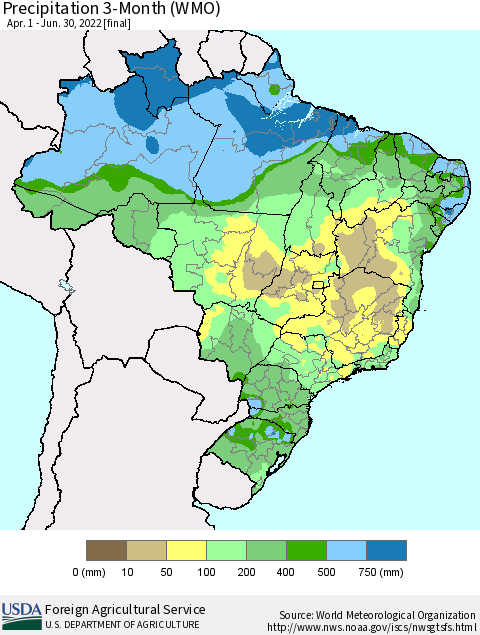 Brazil Precipitation 3-Month (WMO) Thematic Map For 4/1/2022 - 6/30/2022