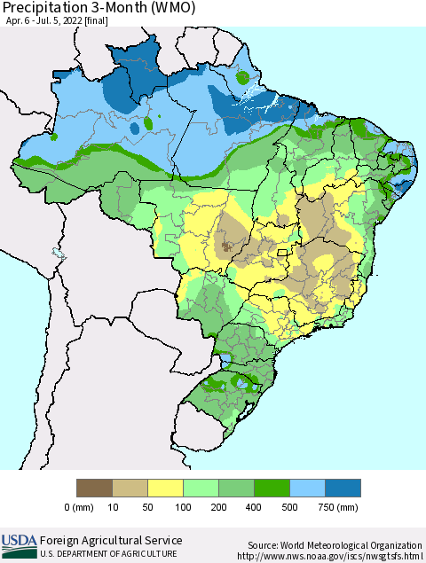 Brazil Precipitation 3-Month (WMO) Thematic Map For 4/6/2022 - 7/5/2022